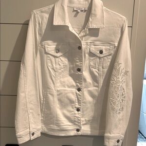 Chico's Jean Jacket with Embroidered Eyelet Sleeve